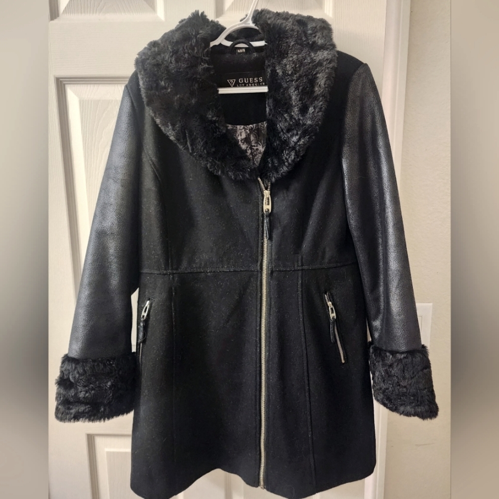 Guess Wool Blend Faux-Fur Collar Coat